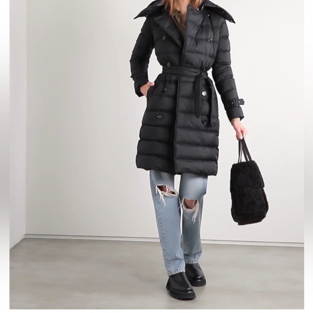 BURBERRY belted hooded double breasted quilted down coat